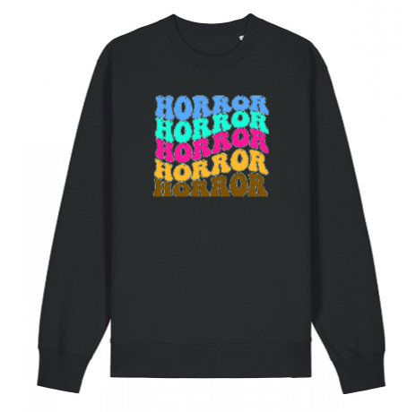 Black sweatshirt with 'Horror' text in colorful letters on a white background