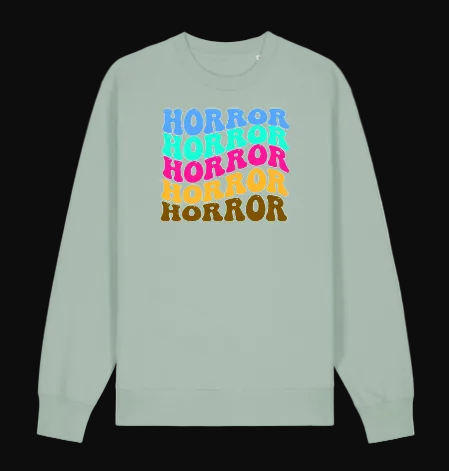 Light green sweatshirt with 'Horror' text in colorful letters on a white background