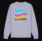 Light purple long-sleeve shirt with 'Horror' text in colorful letters on a white background