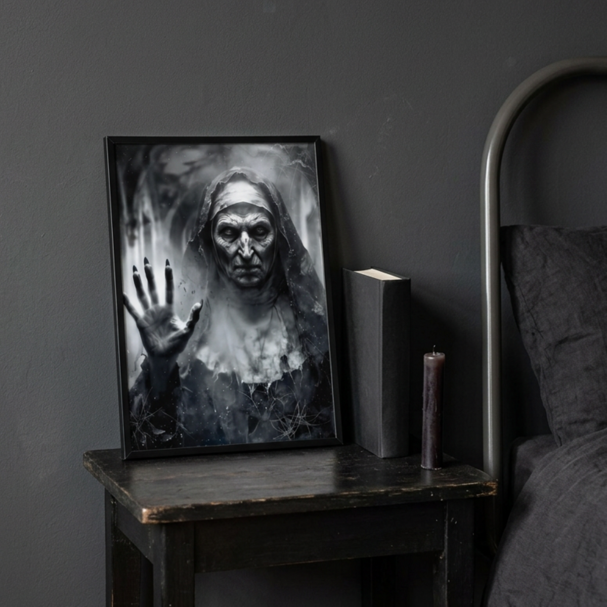 Revised A4 nun print lifestyle image with a paperback for scale