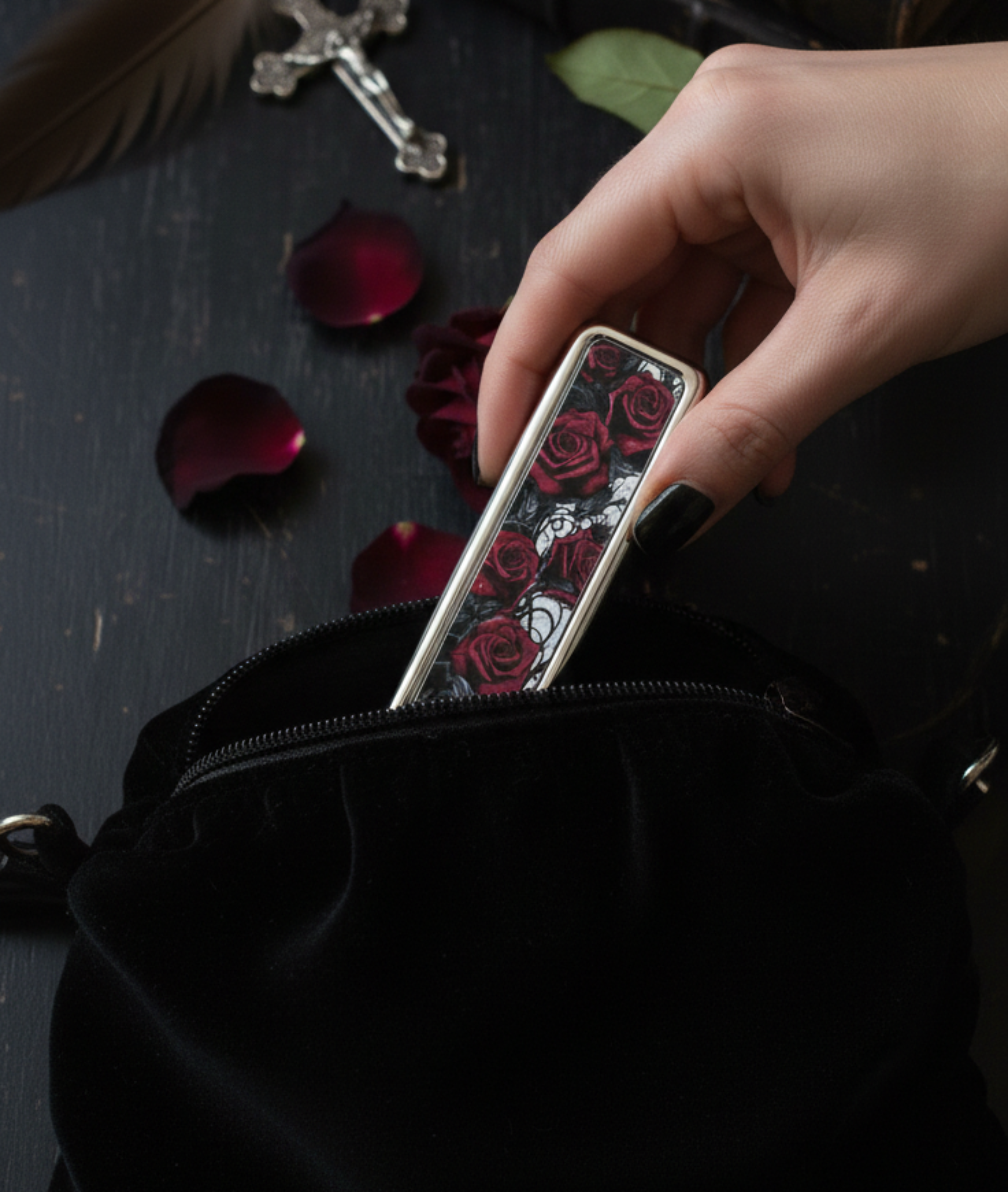 Hand holding a phone case with rose design on a dark surface with feathers and rose petals.