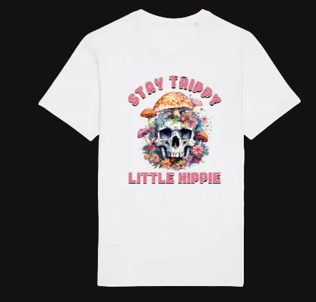 White t-shirt with a colorful skull design and text on a white background