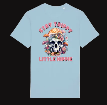 Light blue t-shirt with skull and floral design and text on a white background