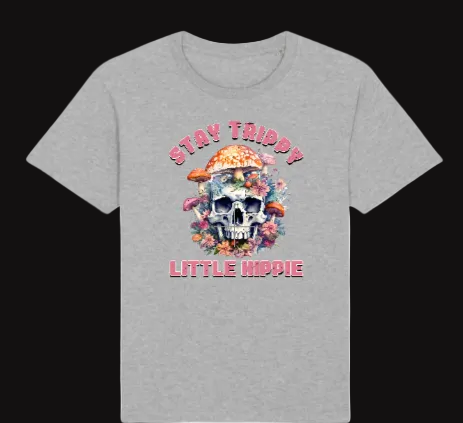 Gray t-shirt with a colorful skull design and text on a white background