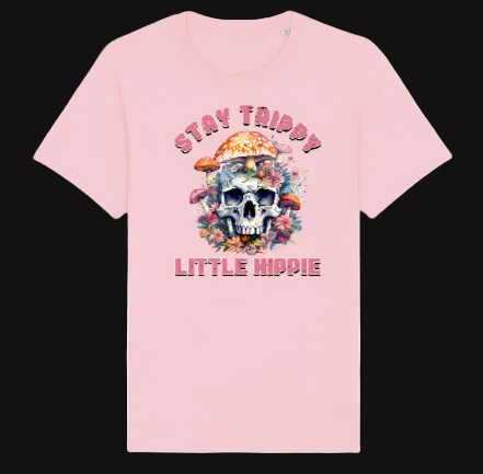 Pink t-shirt with skull design and text on a white background