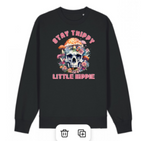 Black sweatshirt with a colorful skull design and text on a white background