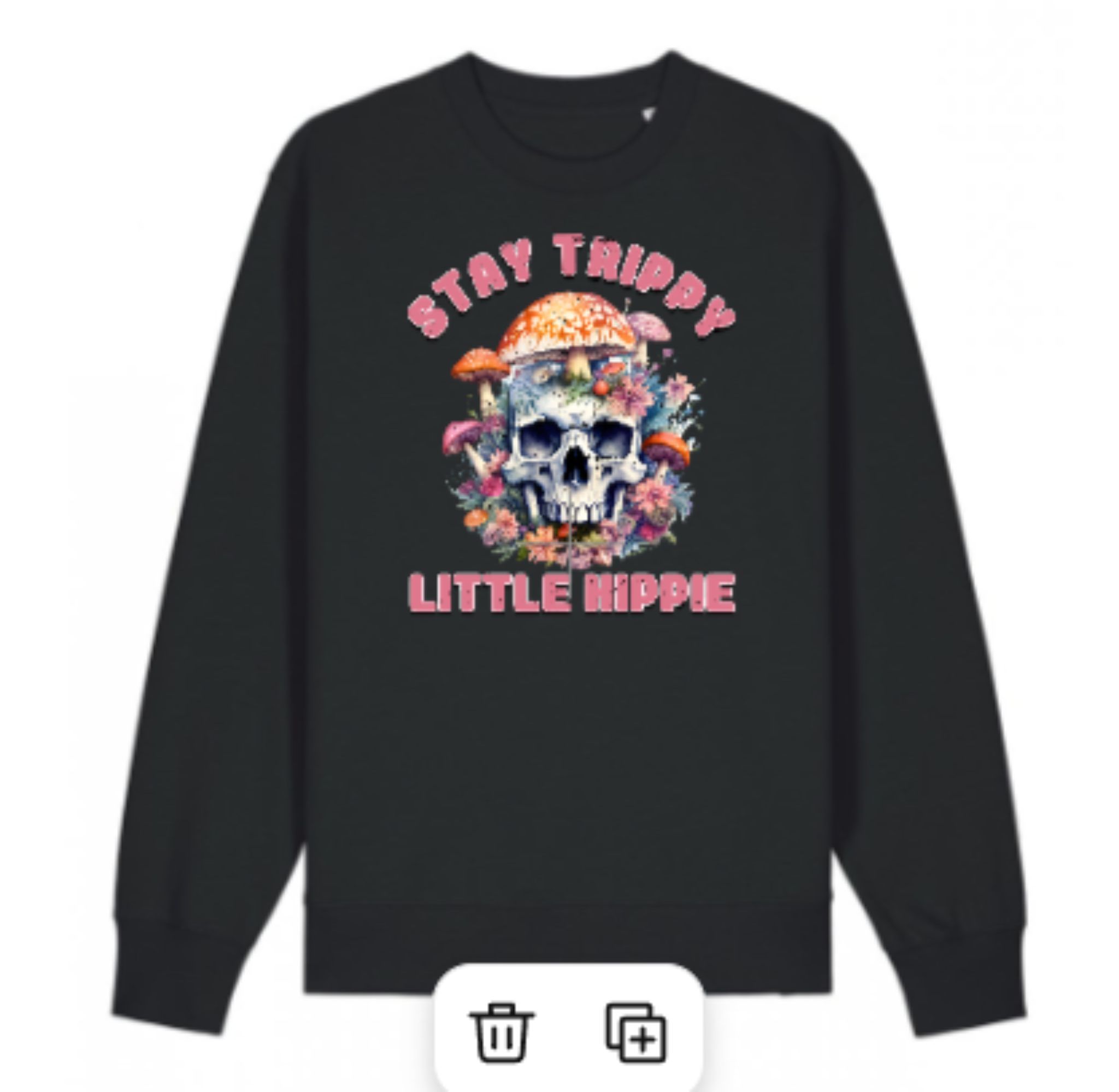 Black sweatshirt with a colorful skull design and text on a white background