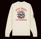Beige sweatshirt with skull and floral design and text 'Stay Trippy Little Hippie' on a white background