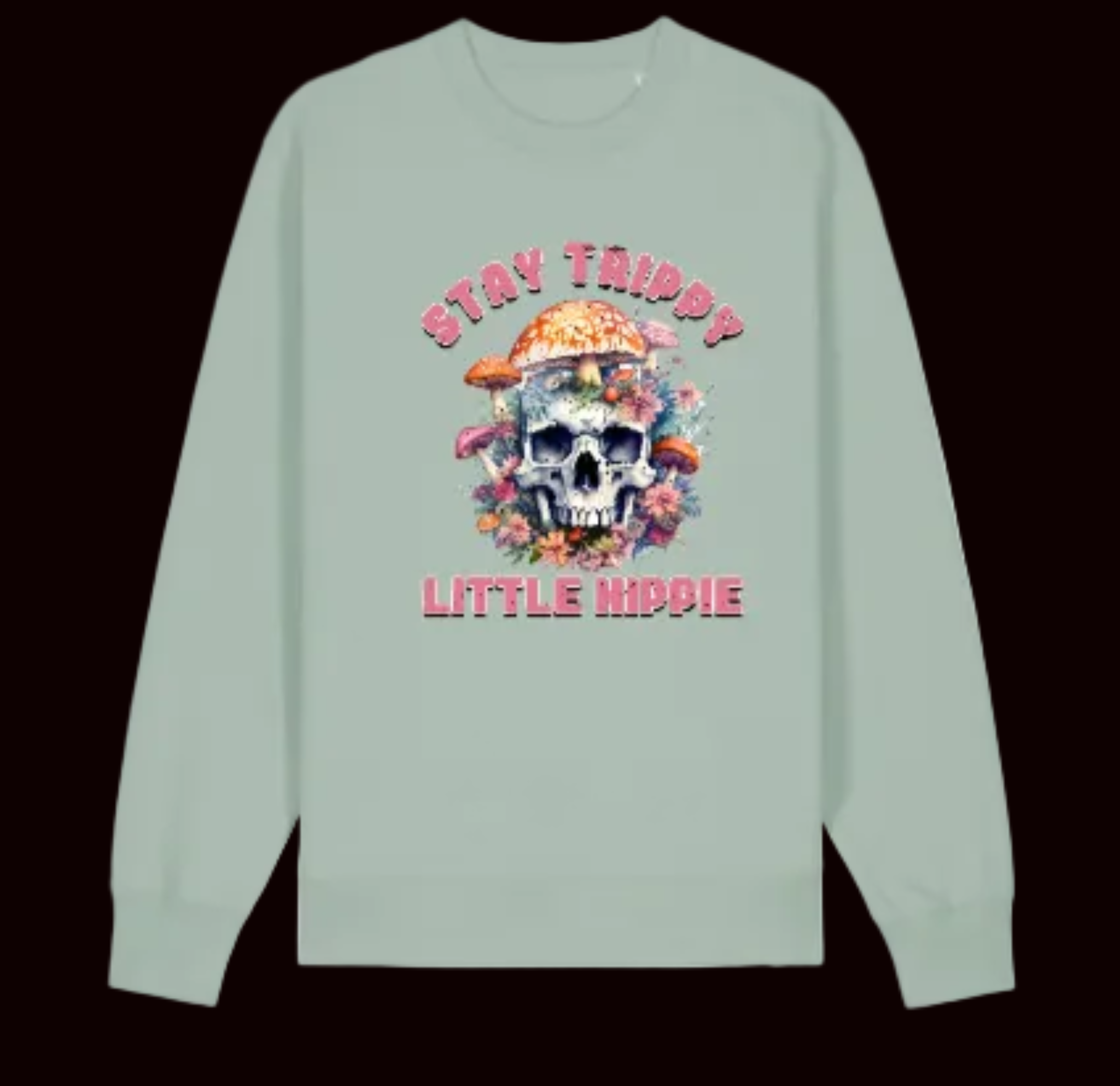 Light green long-sleeve shirt with skull design and text on a white background