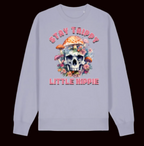 Light purple long-sleeve shirt with skull design and text on a white background