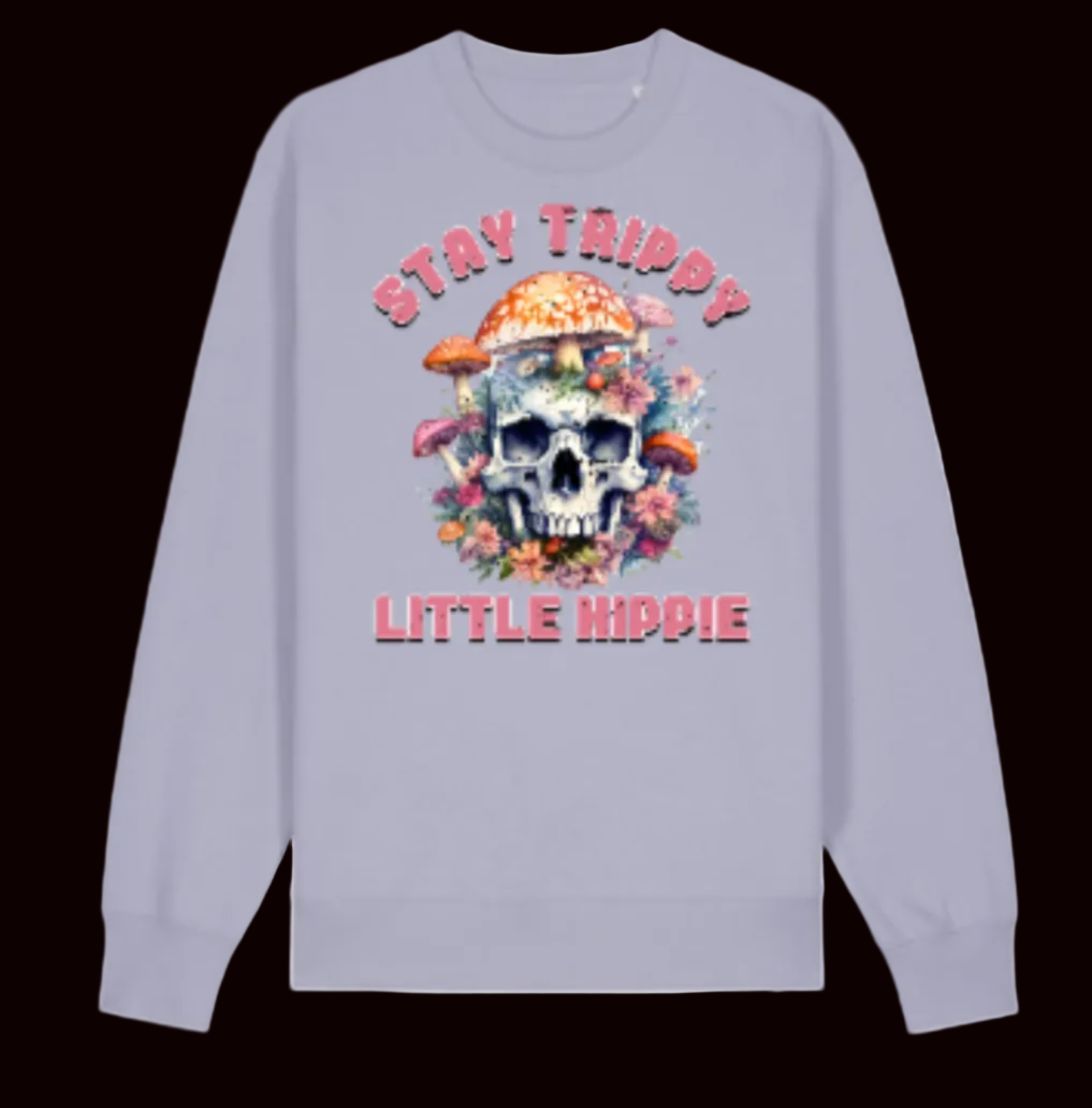 Light purple long-sleeve shirt with skull design and text on a white background