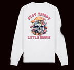 White sweatshirt with a colorful skull design and text on a white background