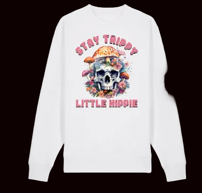 White sweatshirt with a colorful skull design and text on a white background