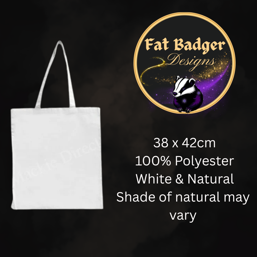 A white natural cotton canvas tote bag with two shoulder straps, shown on a dark background with product details. The image includes the 'Fat Badger Designs' logo and text stating '38 x 42cm', '100% Polyester', 'White & Natural', and 'Shade of natural may vary'.