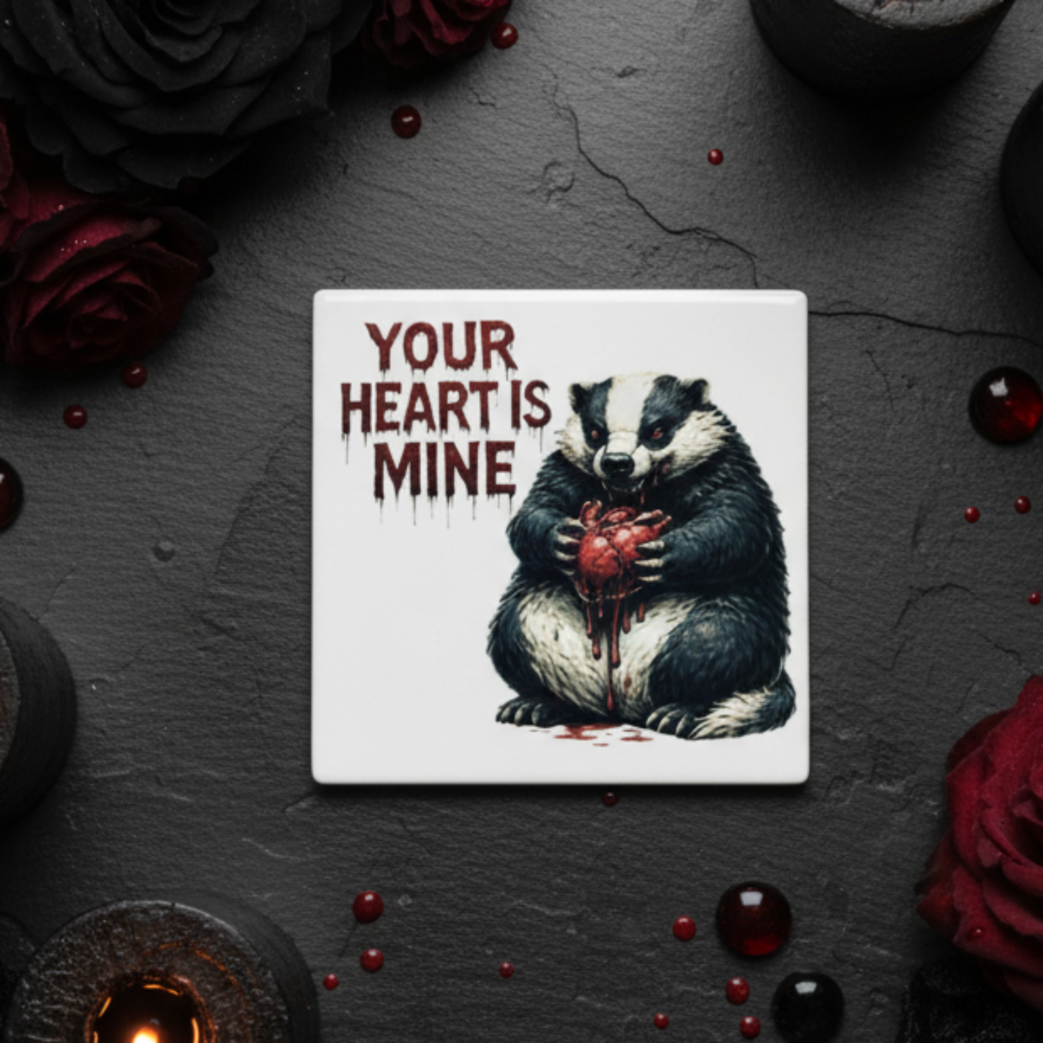 Valentine's Badger Coaster - Gothic Flat Lay