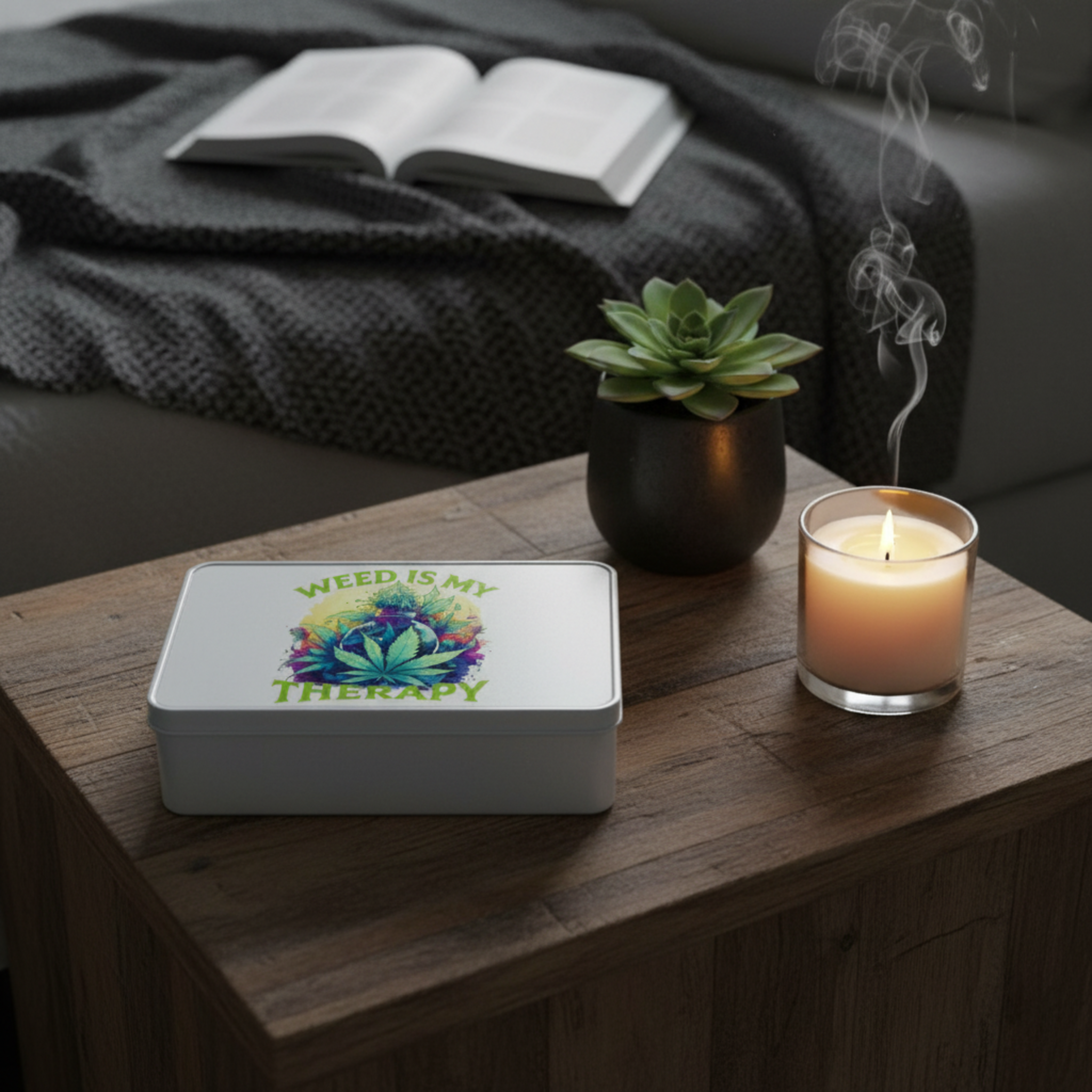 Weed therapy tin on bedside table