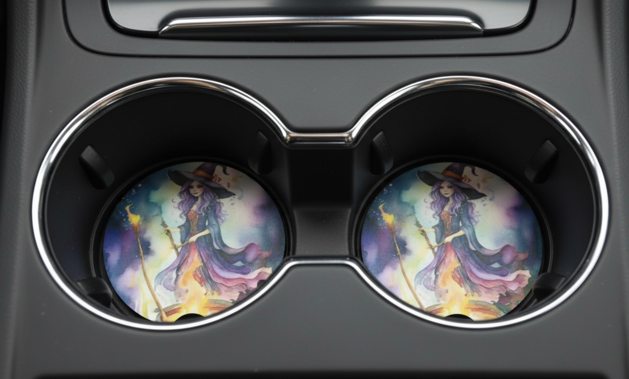 Witch Car Coasters — Flat in Cup Holders