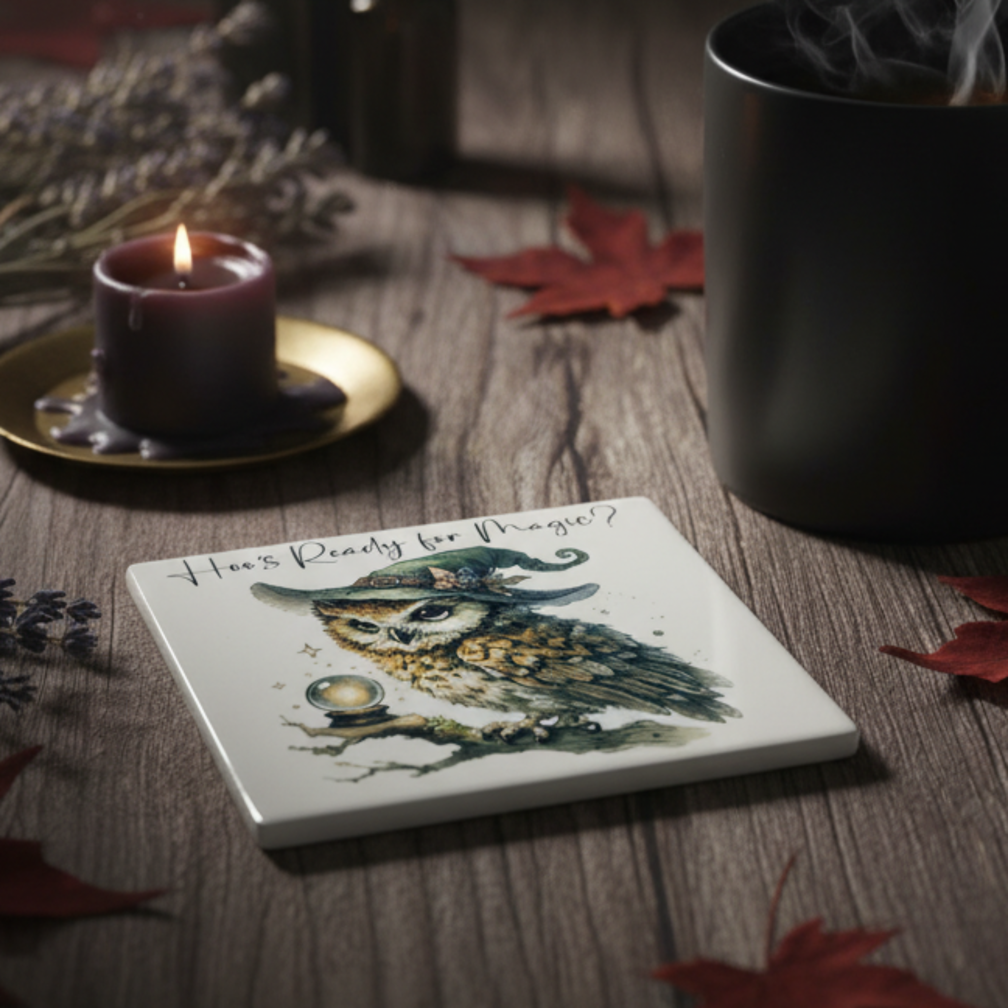 Witch Owl Ceramic Coaster Lifestyle
