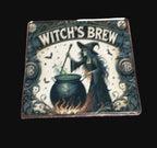 Witch's Brew square metal fridge magnet featuring a witch stirring a cauldron with bats, gothic botanical details and the text Witch's Brew