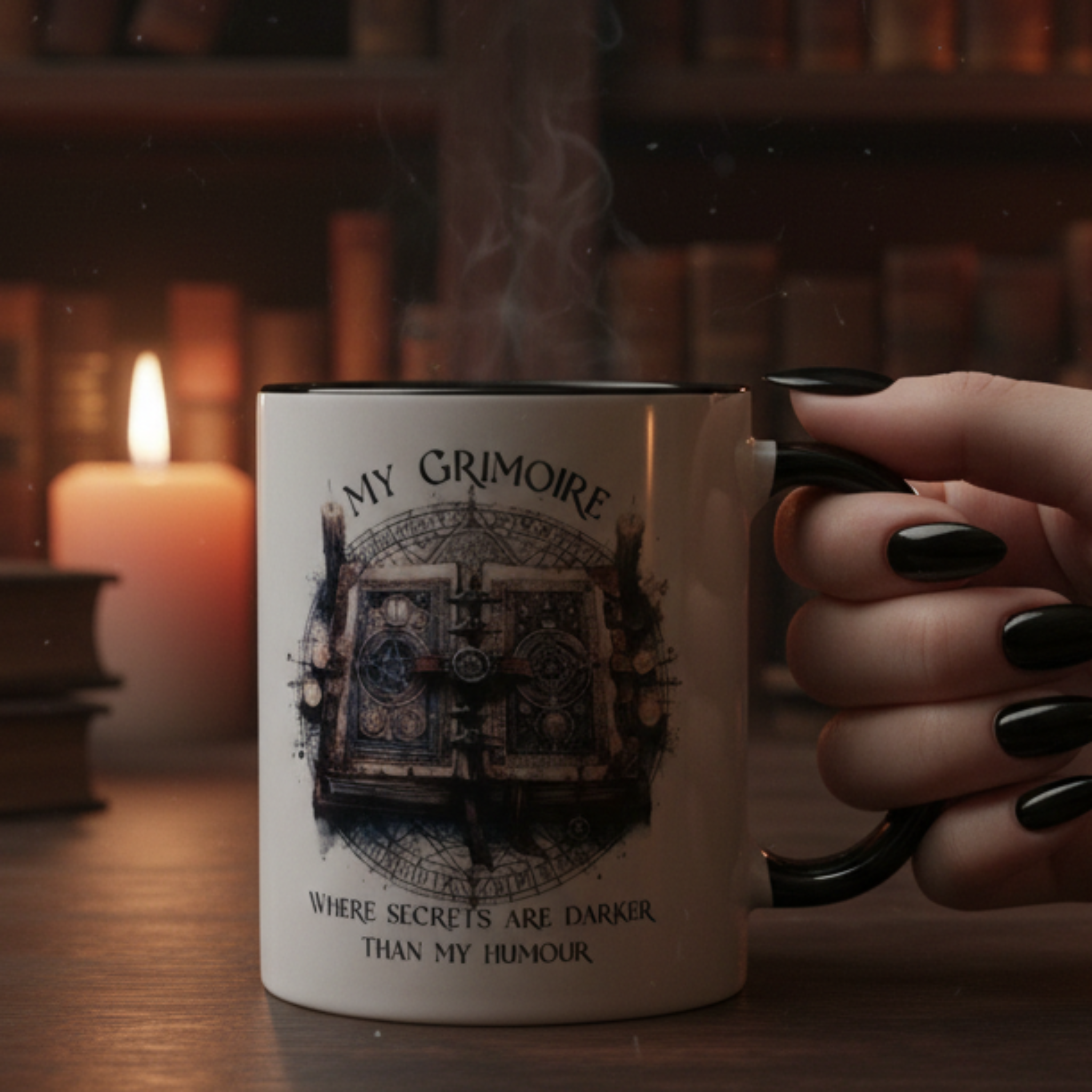 Witchy Grimoire Mug Lifestyle - Bookshelf